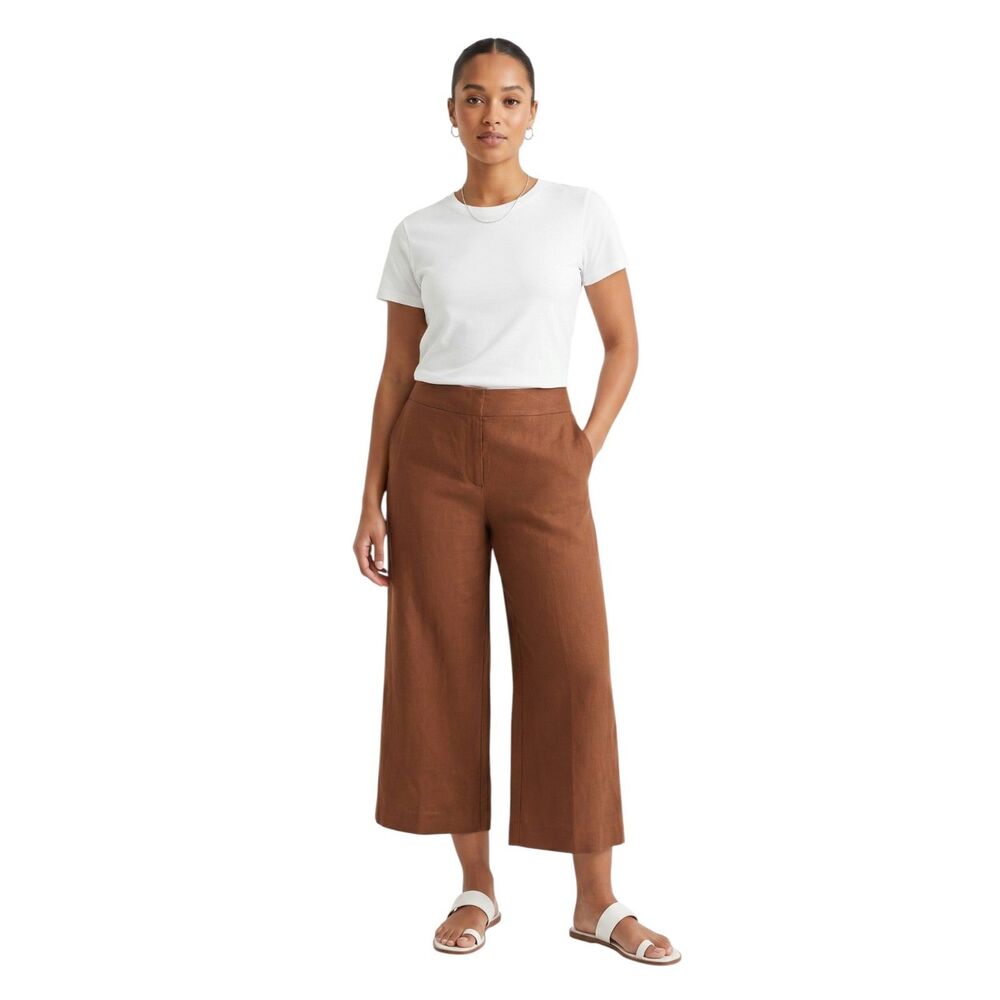 Larry Levine Brown Linen Wide-Leg Cropped Pants Size 12